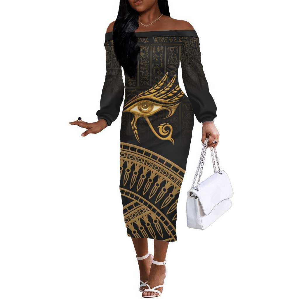 Ancient Egypt Gold Intricate Off The Shoulder Long Sleeve Dress Eye of Horus