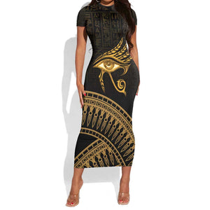 Ancient Egypt Gold Intricate Short Sleeve Bodycon Dress Eye of Horus LT7