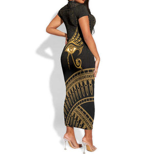 Ancient Egypt Gold Intricate Short Sleeve Bodycon Dress Eye of Horus LT7