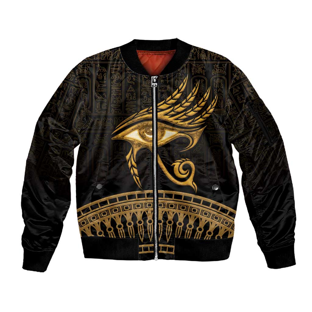 Ancient Egypt Gold Intricate Sleeve Zip Bomber Jacket Eye of Horus