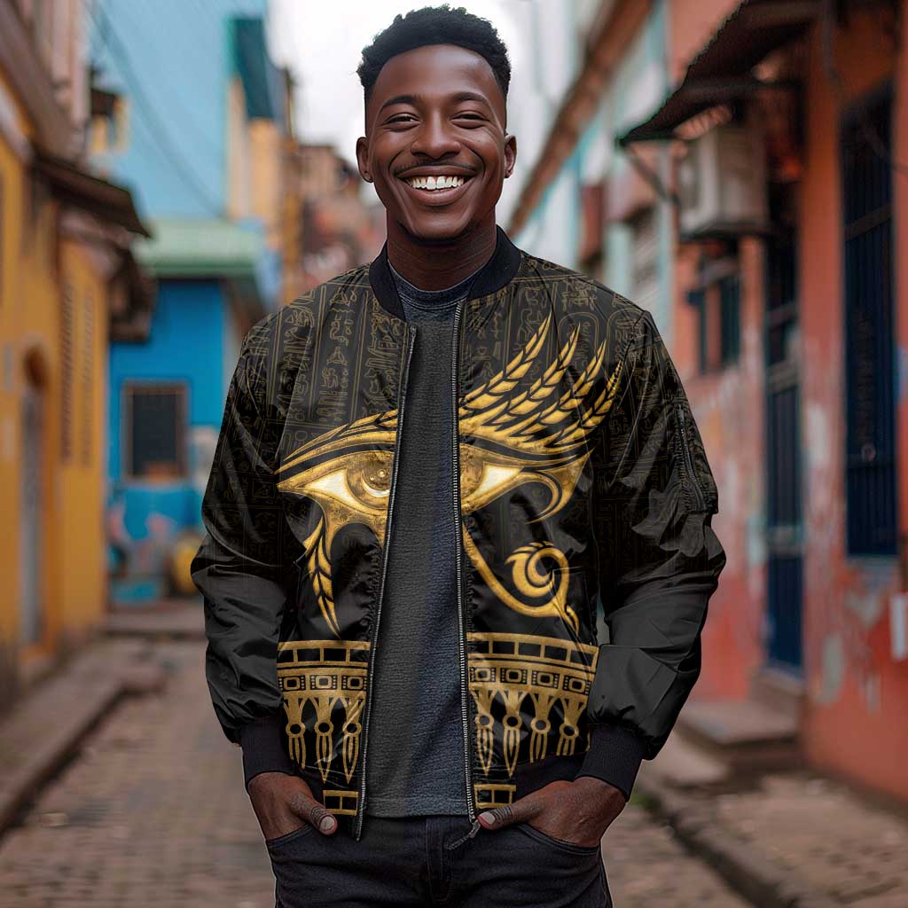 Ancient Egypt Gold Intricate Sleeve Zip Bomber Jacket Eye of Horus