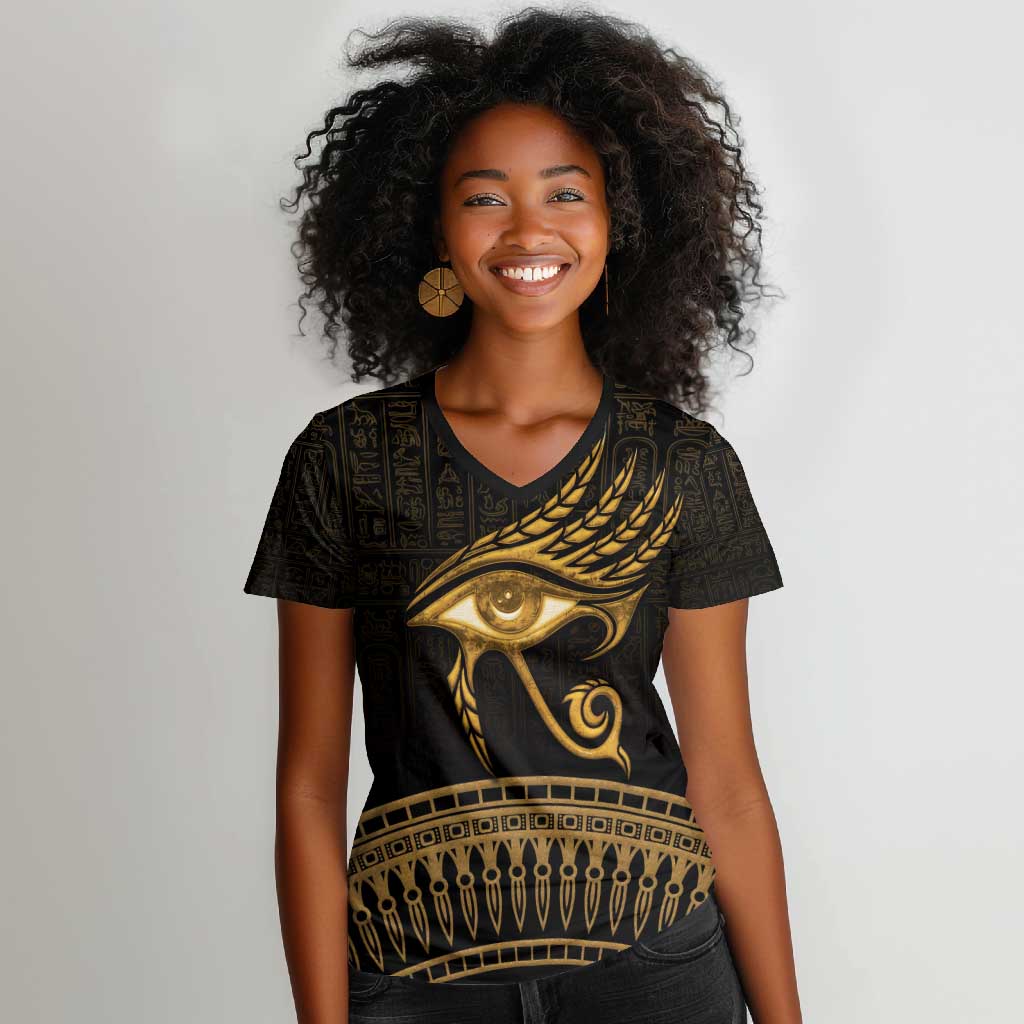 Ancient Egypt Gold Intricate Women V-Neck T-Shirt Eye of Horus