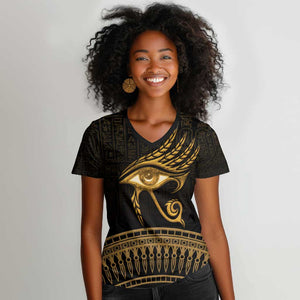 Ancient Egypt Gold Intricate Women V-Neck T-Shirt Eye of Horus