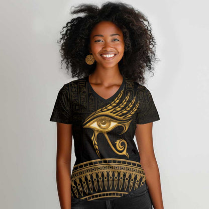 Ancient Egypt Gold Intricate Women V-Neck T-Shirt Eye of Horus