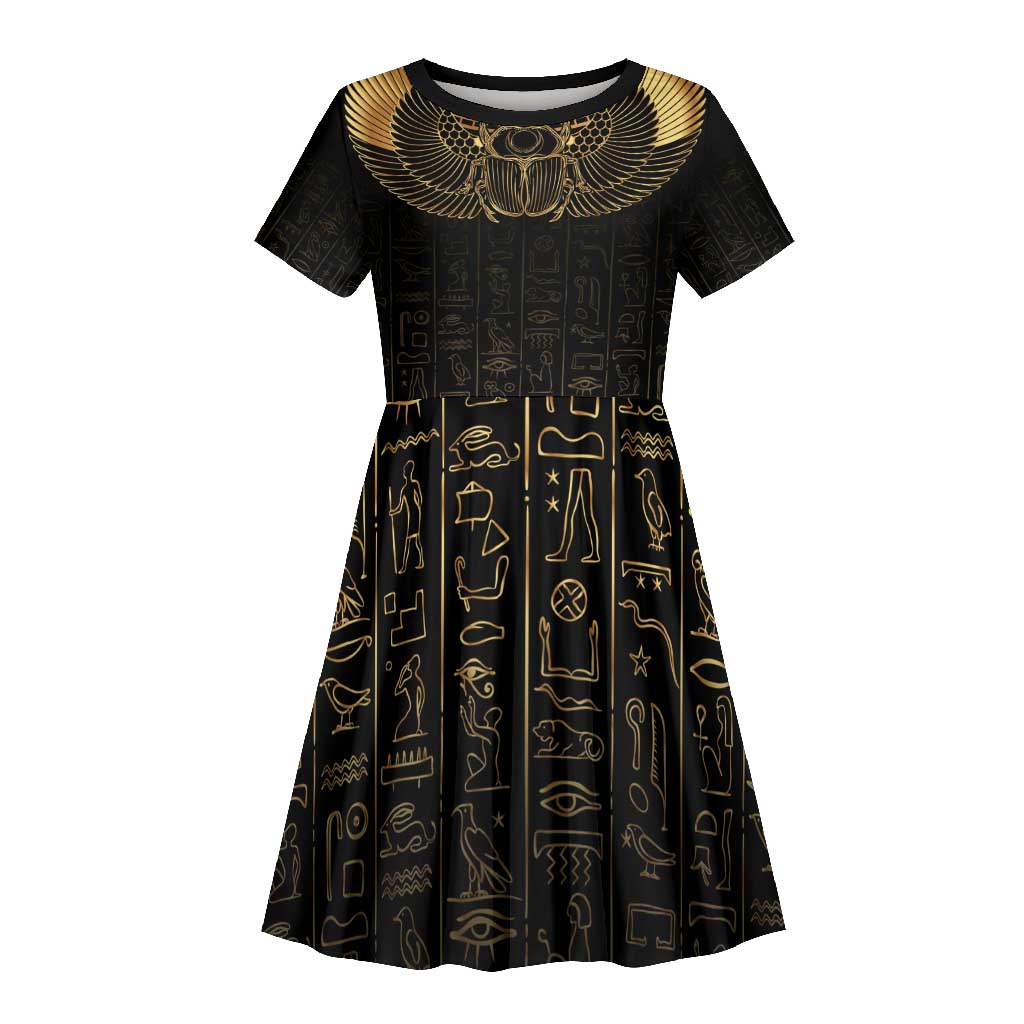 Ancient Egypt Kid Short Sleeve Dress Black Gold Scarab