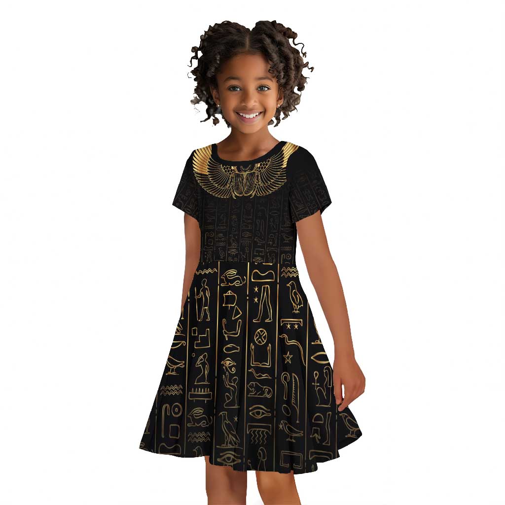 Ancient Egypt Kid Short Sleeve Dress Black Gold Scarab