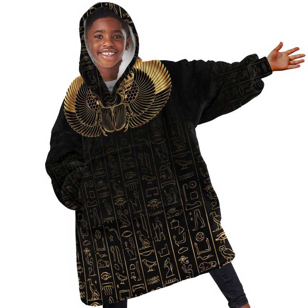 Ancient Egypt Kid Wearable Blanket Hoodie Black Gold Scarab