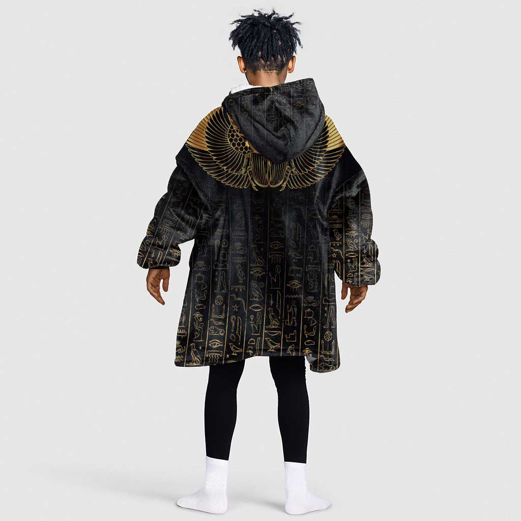 Ancient Egypt Kid Wearable Blanket Hoodie Black Gold Scarab