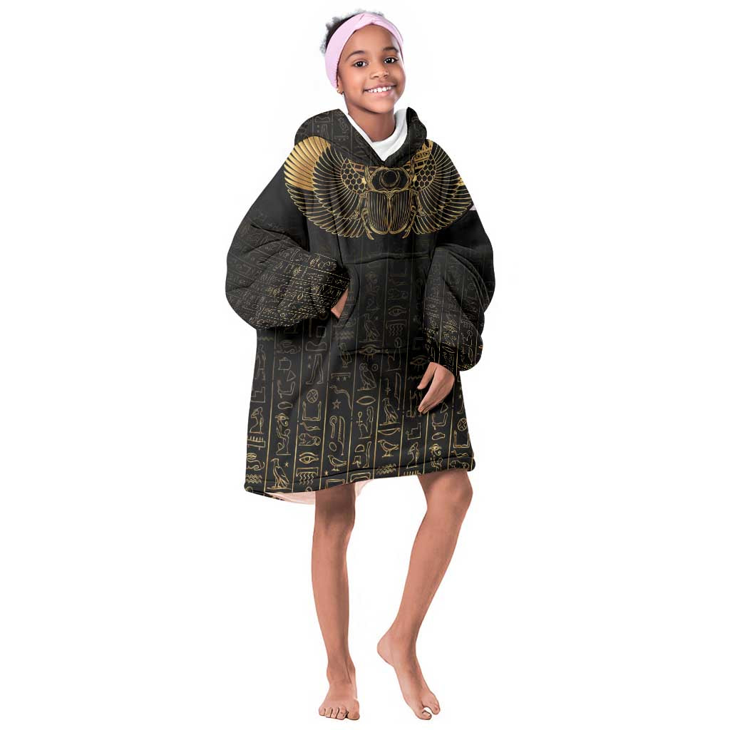 Ancient Egypt Kid Wearable Blanket Hoodie Black Gold Scarab