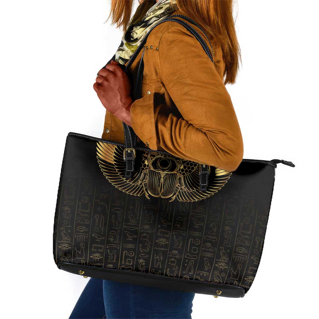 Ancient Egypt Leather Tote Bag Black Gold Scarab