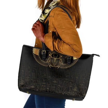 Ancient Egypt Leather Tote Bag Black Gold Scarab