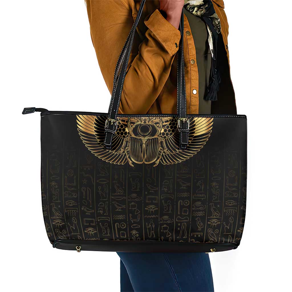 Ancient Egypt Leather Tote Bag Black Gold Scarab