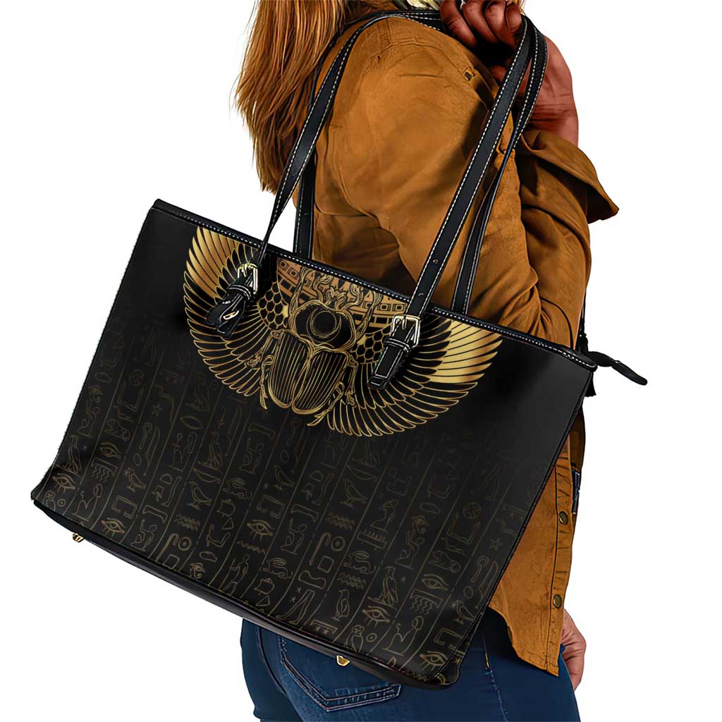 Ancient Egypt Leather Tote Bag Black Gold Scarab