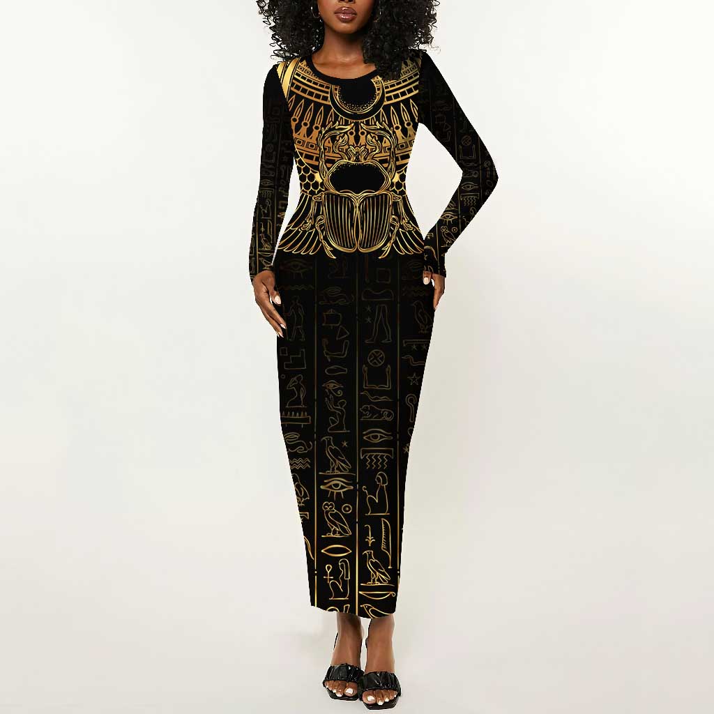 Ancient Egypt Long Sleeve Bodycon Dress Black Gold Scarab LT7