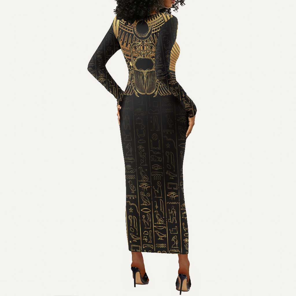Ancient Egypt Long Sleeve Bodycon Dress Black Gold Scarab LT7