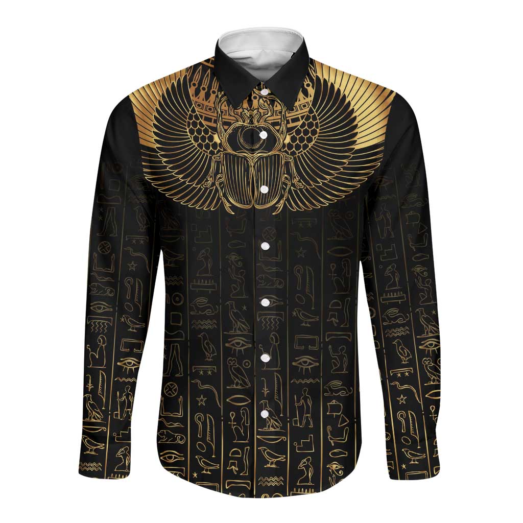 Ancient Egypt Long Sleeve Button Shirt Black Gold Scarab