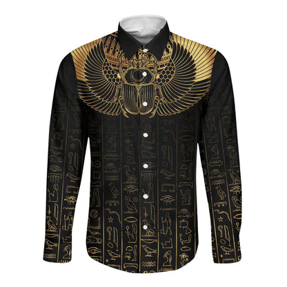 Ancient Egypt Long Sleeve Button Shirt Black Gold Scarab