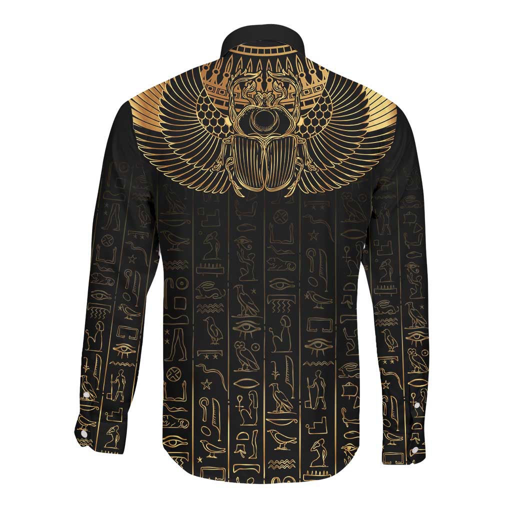 Ancient Egypt Long Sleeve Button Shirt Black Gold Scarab