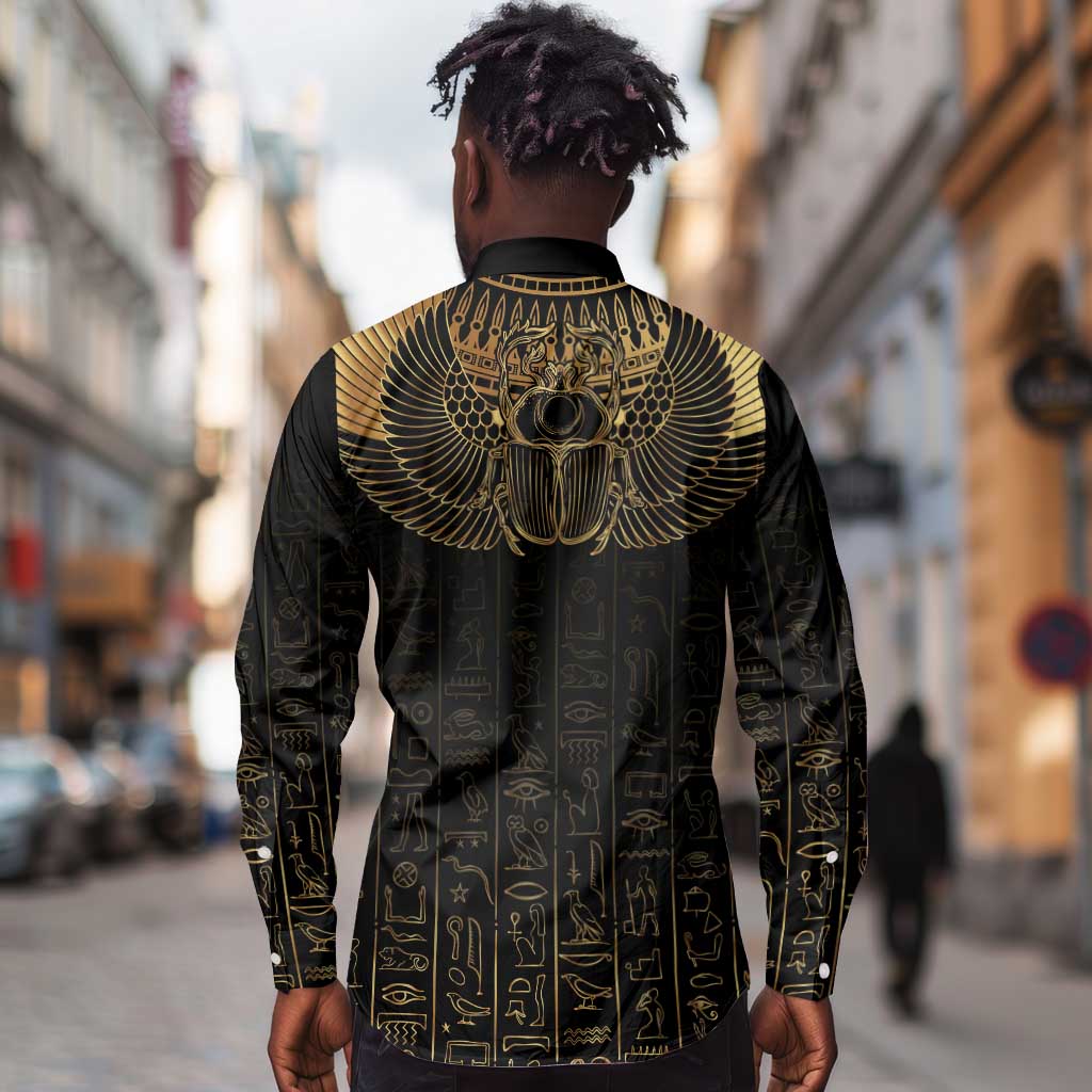 Ancient Egypt Long Sleeve Button Shirt Black Gold Scarab