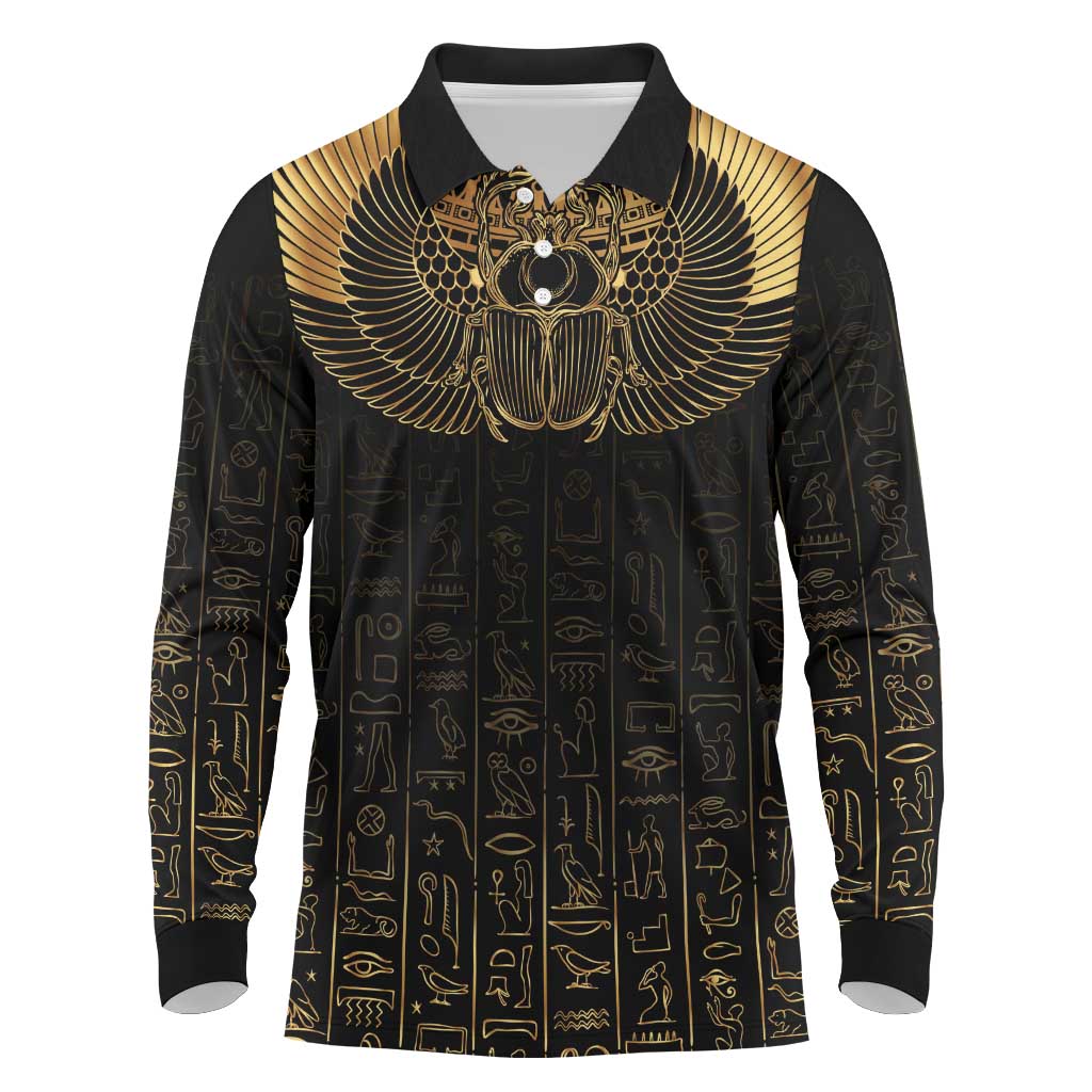 Ancient Egypt Long Sleeve Polo Shirt Black Gold Scarab