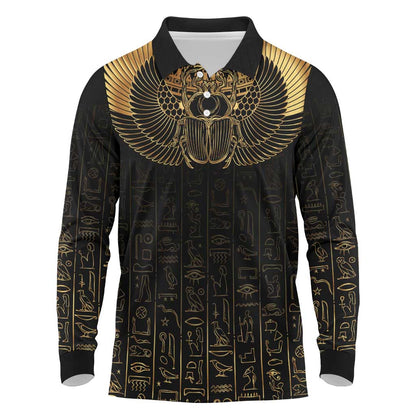 Ancient Egypt Long Sleeve Polo Shirt Black Gold Scarab