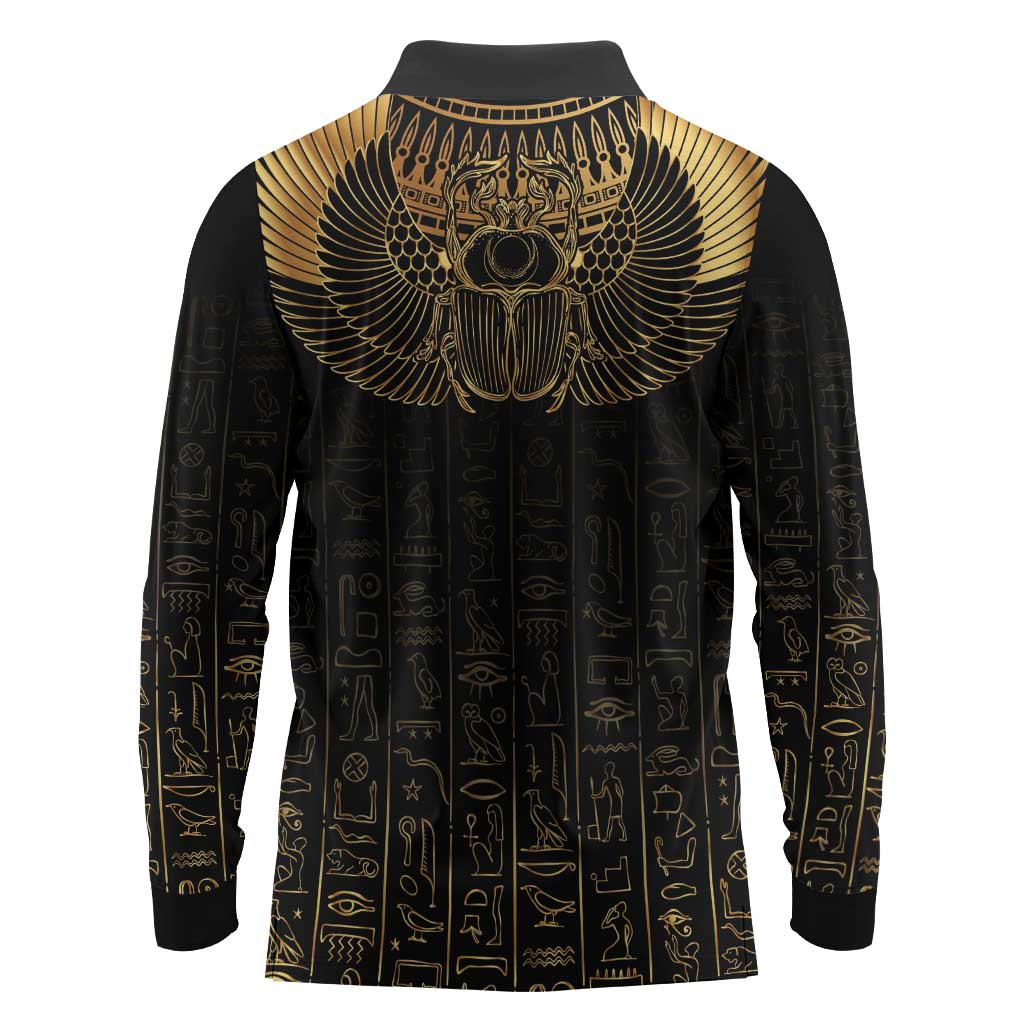 Ancient Egypt Long Sleeve Polo Shirt Black Gold Scarab