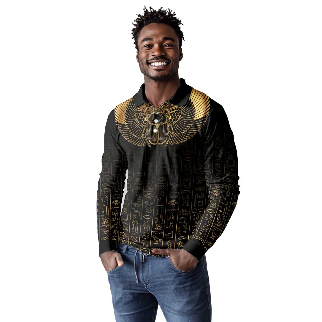 Ancient Egypt Long Sleeve Polo Shirt Black Gold Scarab