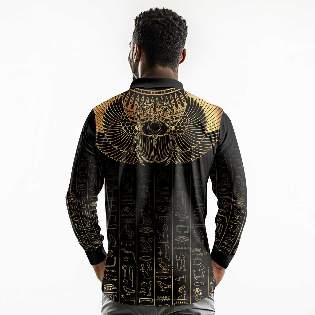 Ancient Egypt Long Sleeve Polo Shirt Black Gold Scarab
