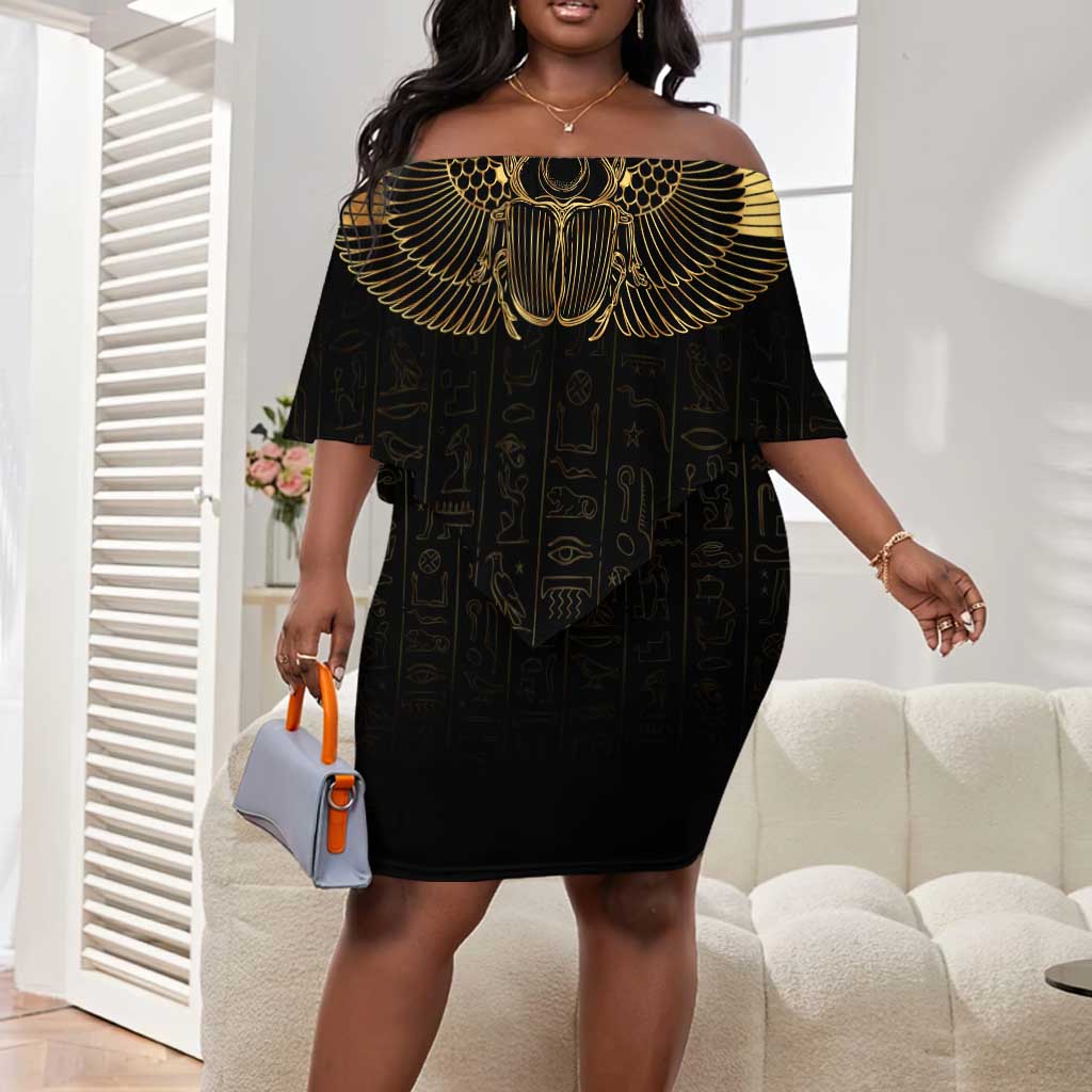 Ancient Egypt Off Shoulder Short Dress Black Gold Scarab