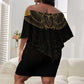 Ancient Egypt Off Shoulder Short Dress Black Gold Scarab