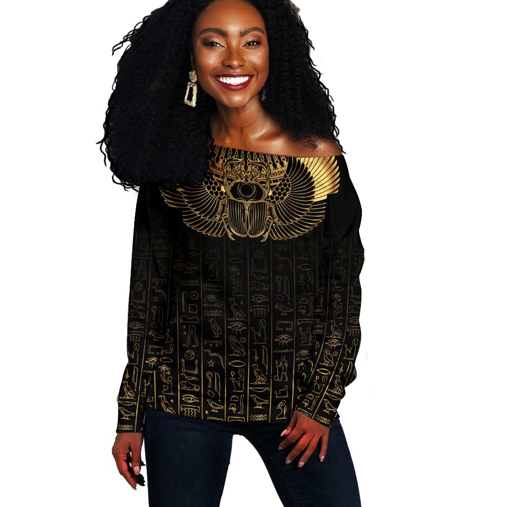 Ancient Egypt Off Shoulder Sweater Black Gold Scarab