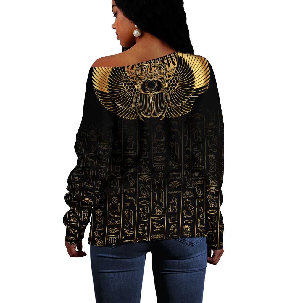 Ancient Egypt Off Shoulder Sweater Black Gold Scarab