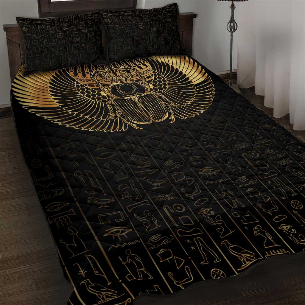Ancient Egypt Quilt Bed Set Black Gold Scarab