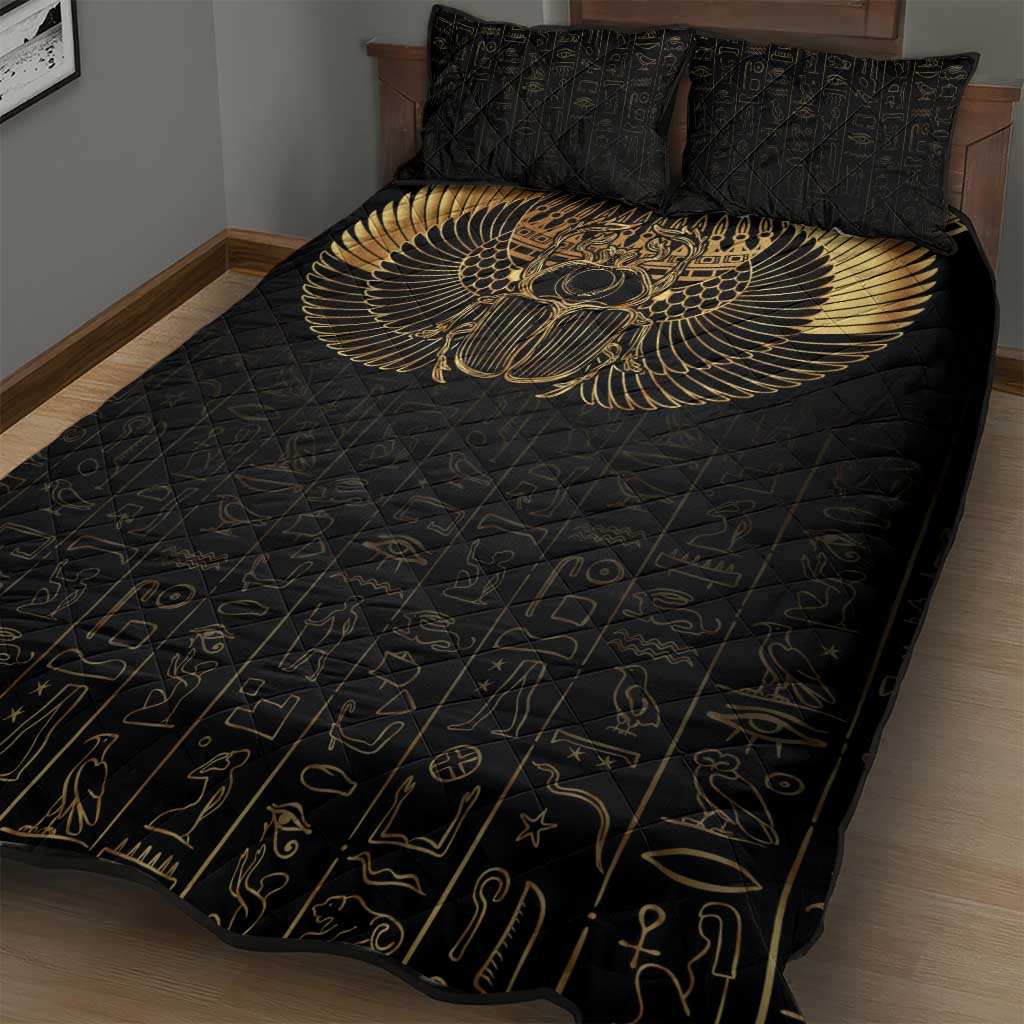Ancient Egypt Quilt Bed Set Black Gold Scarab