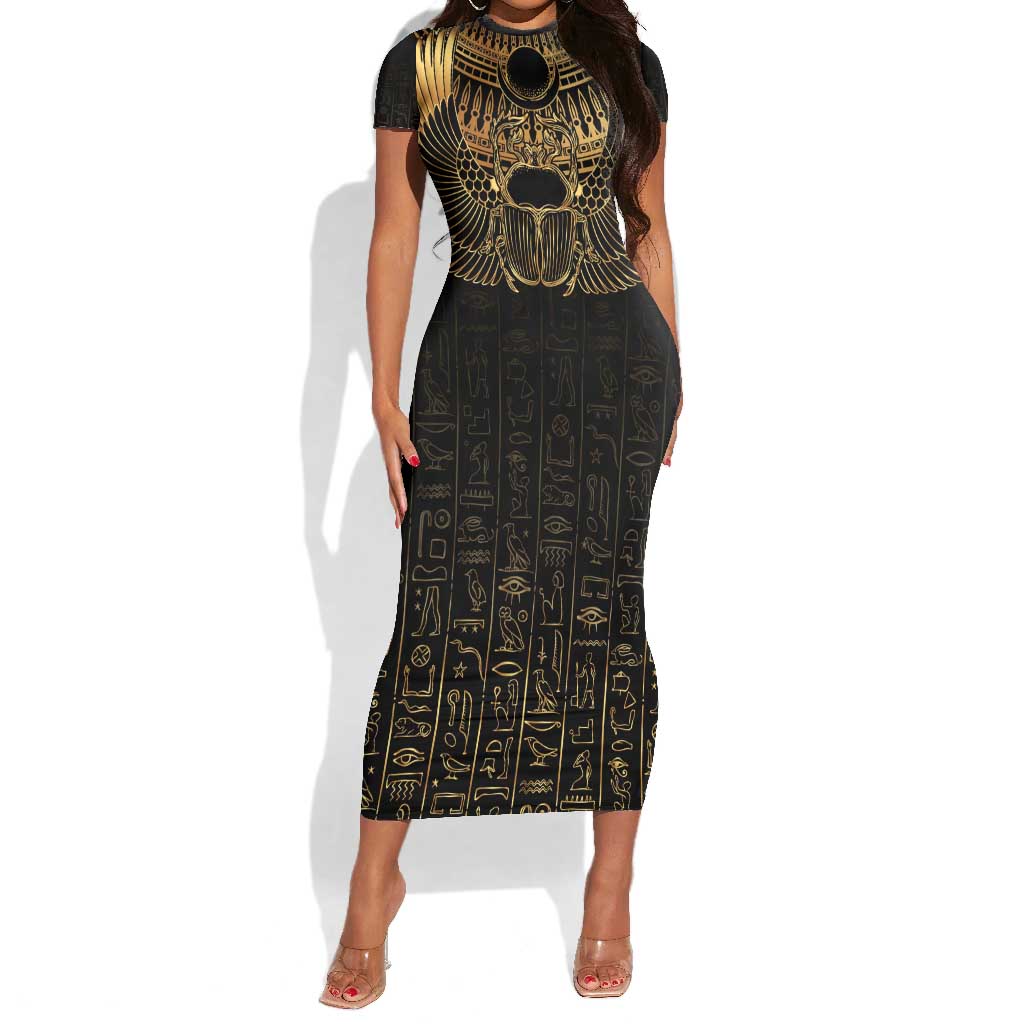 Ancient Egypt Short Sleeve Bodycon Dress Black Gold Scarab LT7