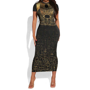 Ancient Egypt Short Sleeve Bodycon Dress Black Gold Scarab LT7