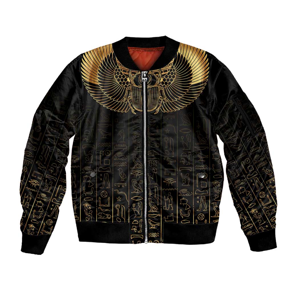 Ancient Egypt Sleeve Zip Bomber Jacket Black Gold Scarab