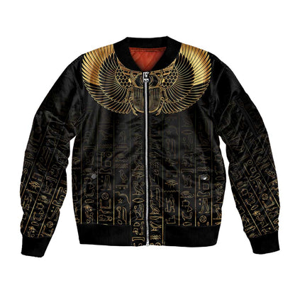 Ancient Egypt Sleeve Zip Bomber Jacket Black Gold Scarab