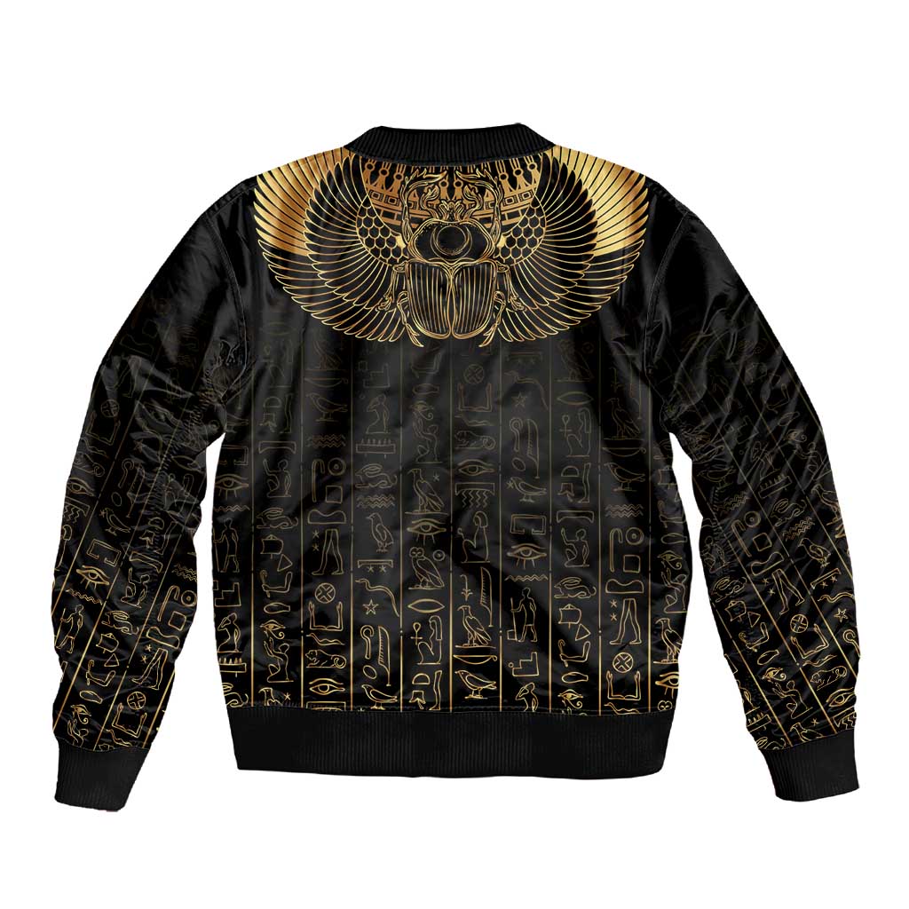Ancient Egypt Sleeve Zip Bomber Jacket Black Gold Scarab