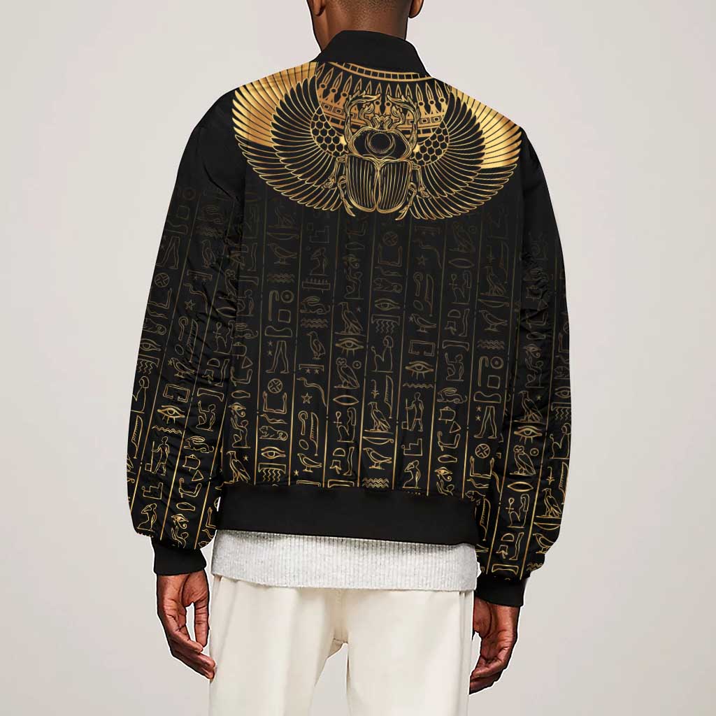 Ancient Egypt Sleeve Zip Bomber Jacket Black Gold Scarab