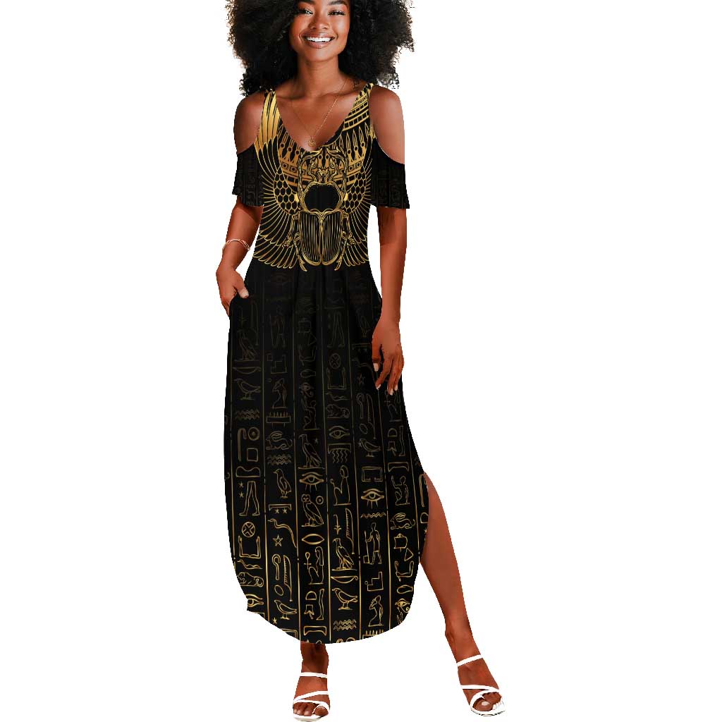 Ancient Egypt Summer Maxi Dress Black Gold Scarab