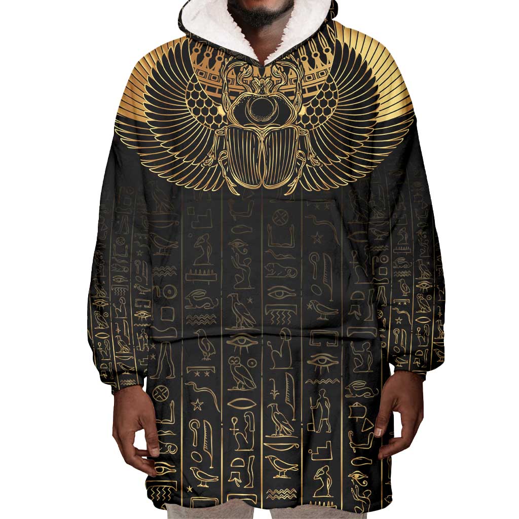 Ancient Egypt Wearable Blanket Hoodie Black Gold Scarab
