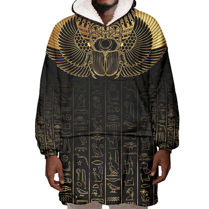 Ancient Egypt Wearable Blanket Hoodie Black Gold Scarab