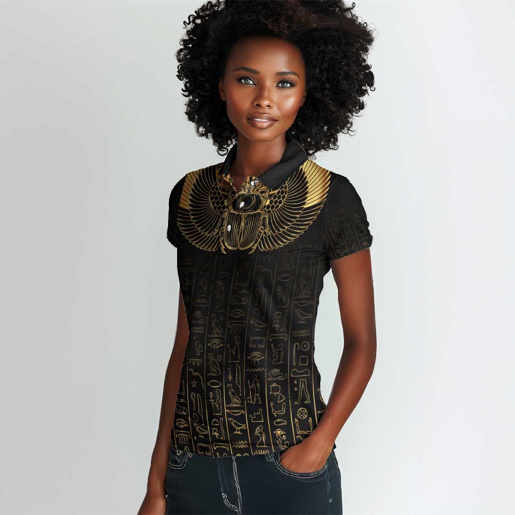 Ancient Egypt Women Polo Shirt Black Gold Scarab