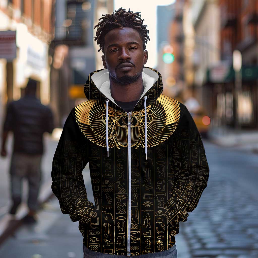 Ancient Egypt Zip Hoodie Black Gold Scarab