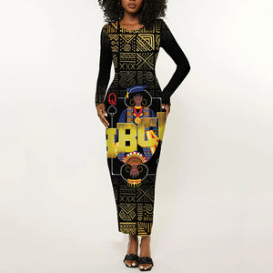 HBCU Grad Personalized Queen Poker Card Long Sleeve Bodycon Dress Golden Pattern