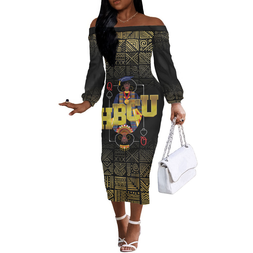 HBCU Grad Personalized Queen Poker Card Off The Shoulder Long Sleeve Dress Golden Pattern