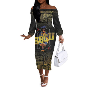 HBCU Grad Personalized Queen Poker Card Off The Shoulder Long Sleeve Dress Golden Pattern