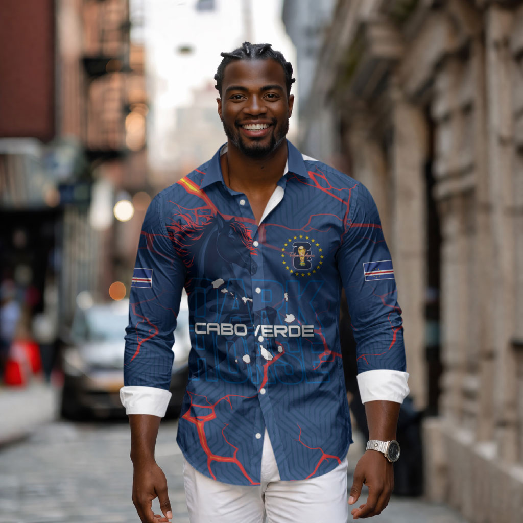 Cape Verde Football WC26 Custom Long Sleeve Button Shirt Dark Horse Rising