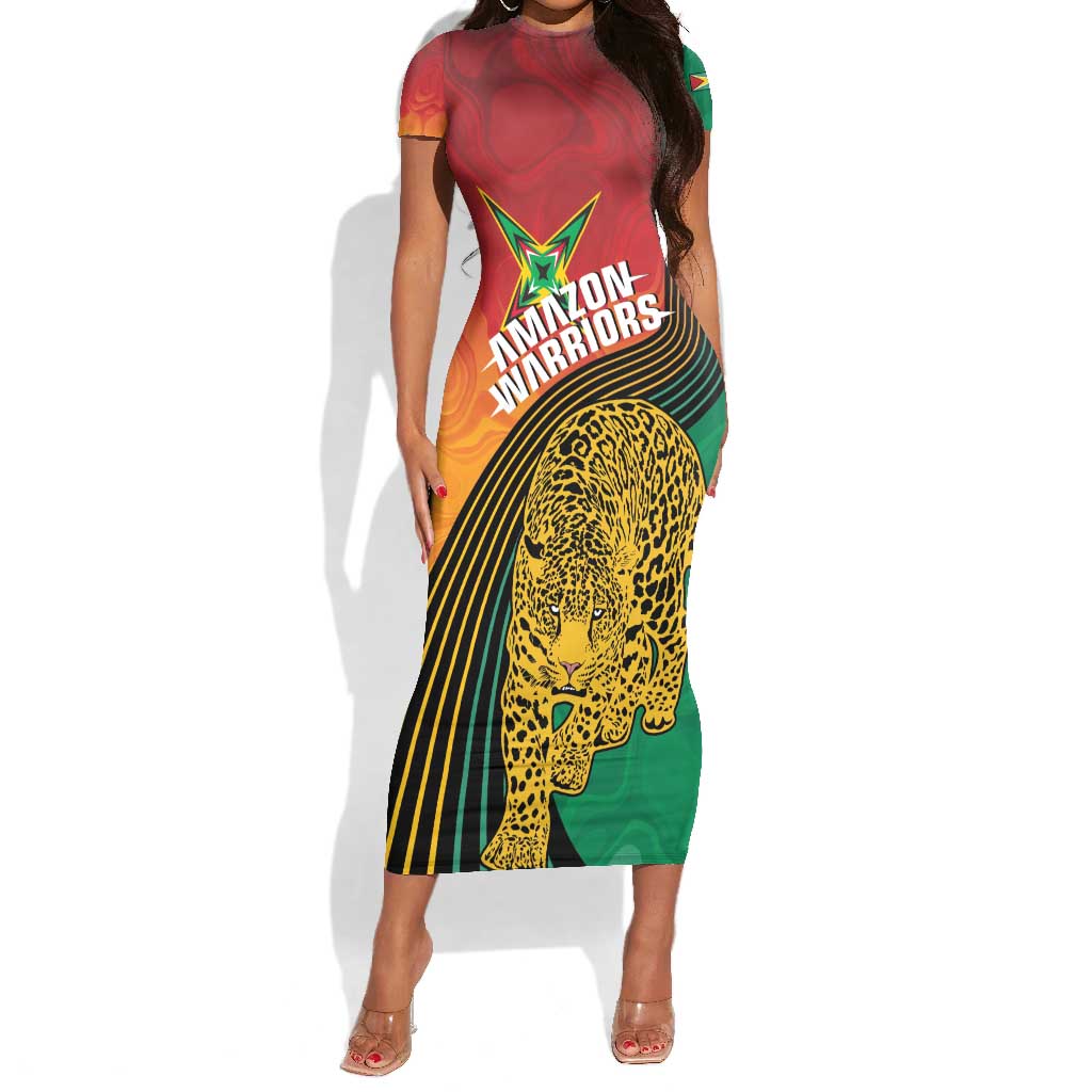 Personalized Afro Guyana Cricket Amazon Warriors Short Sleeve Bodycon Dress Fierce Jaguars - African Pride